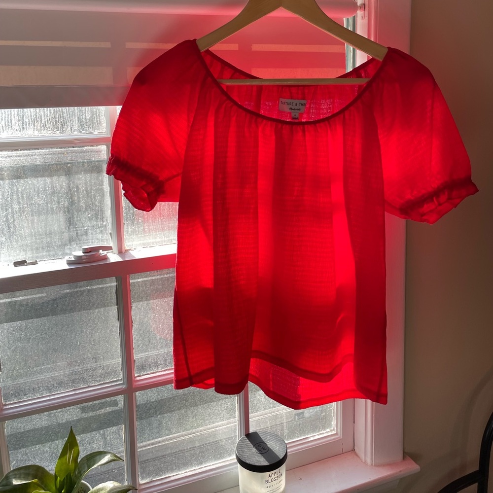 red, textured madewell top! from their textured and thread line!!